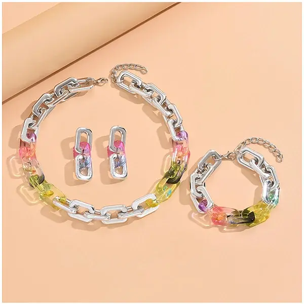 Alloy & Acrylic Rectangle Link Chain Necklace & Bracelet & Stud Dangle Earring Sets
