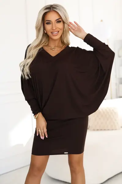 402-9 Comfortable batwing dress with long sleeves - chocolate