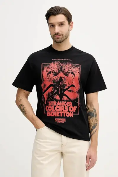 Bavlněné tričko United Colors of Benetton x Stranger Things pánské, černá barva, s potiskem, 3BL0U10BB