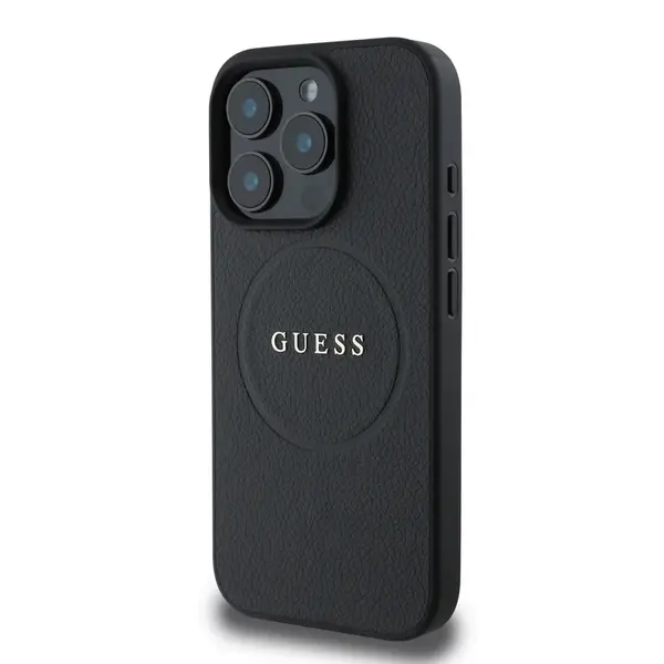 Zadní kryt Guess PU Grained Classic Logo MagSafe pro Apple iPhone 16 Pro, černá