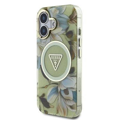 Zadní kryt Guess IML Glitter Magnolia and Triangle Logo MagSafe pro Apple iPhone 16, zelená