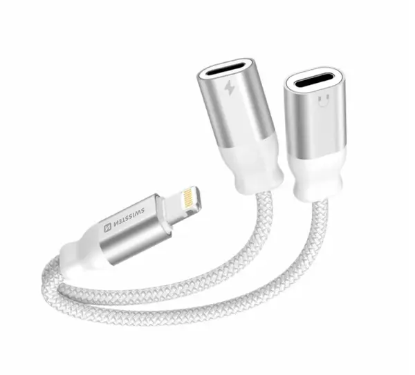 Nabíjecí audio adaptér Swissten Textile lightning (samec) / 2x lightning (samice) 0,12m bílá