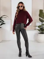 Legginsy damskie ze skóry ekologicznej z guzikami czarne Dstreet