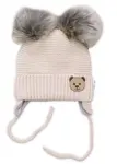 Baby Nellys Dětská zimní čepice s fleecem Teddy Bear - chlupáčk. bambulky - béžová