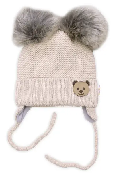 Baby Nellys Dětská zimní čepice s fleecem Teddy Bear - chlupáčk. bambulky - béžová