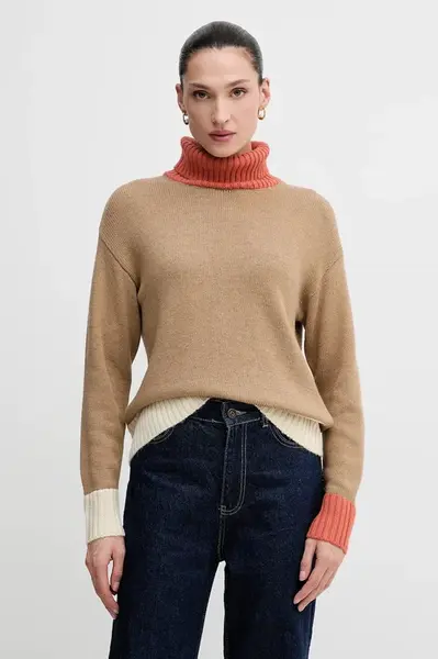 Svetr s příměsí vlny United Colors of Benetton béžová barva, s golfem, 16YCE204I