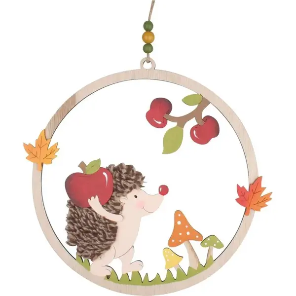 Anděl Ježko v drevenom kruhu na zavesenie 30 cm