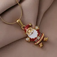 304 Stainless Steel Enamel Red Christmas Santa Claus Pendant Necklace for Women