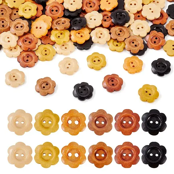 120Pcs 6 Colors 2-Hole Wood Flower Buttons