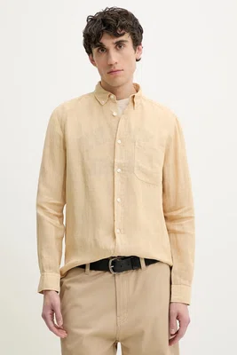 Lněná košile HUGO béžová barva, regular, s límečkem button-down, 50514162