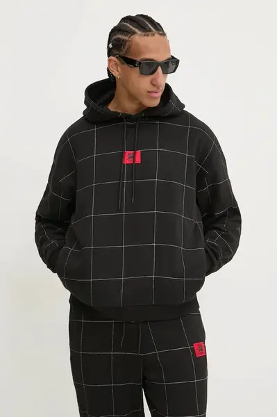 Bavlněná mikina HUGO x RACING BULLS pánská, černá barva, s kapucí, vzorovaná, 50530057