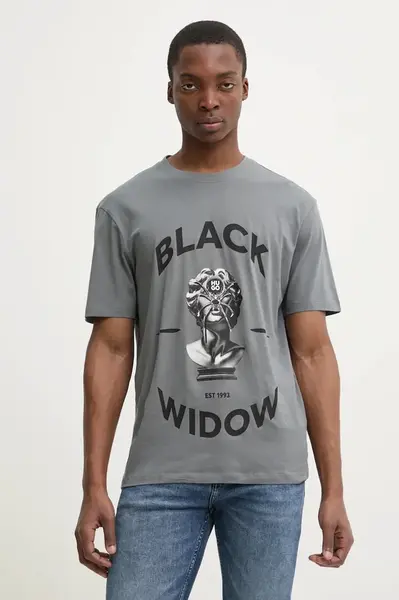 Bavlněné tričko HUGO šedá barva, s potiskem, 50530684