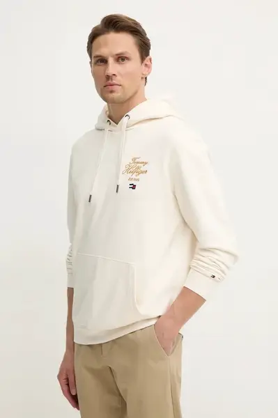 Mikina Tommy Hilfiger pánská, béžová barva, s kapucí, s aplikací, MW0MW37475