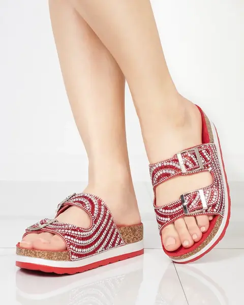 Červené dámské pantofle s kubickou zirkonií