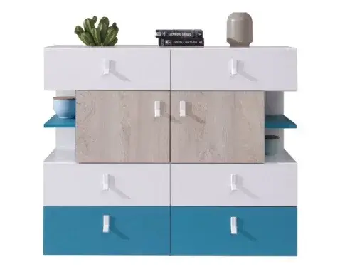 Komoda Planet, dub/biela/modrá%