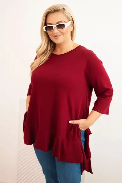 Kesi Włoski Dámská blůza Plus Size s bavlnou, volánem a ohrnovacími rukávy bordová