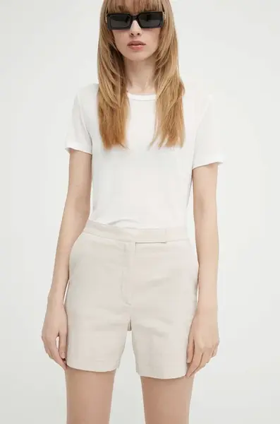 Plátěné kraťasy Theory béžová barva, hladké, high waist