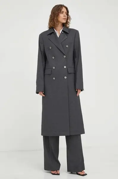 Kabát Remain dámský, šedá barva, přechodný, dvouřadový