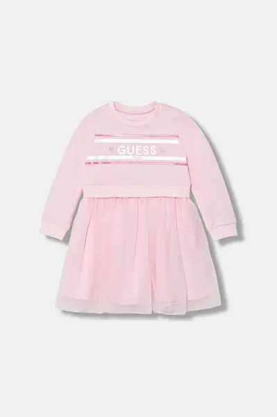 Dětské bavlněné šaty Guess růžová barva, midi, K5YK01 KB8R0