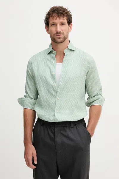 Lněná košile Polo Ralph Lauren pánská, zelená barva, regular, s italským límcem, 710974546