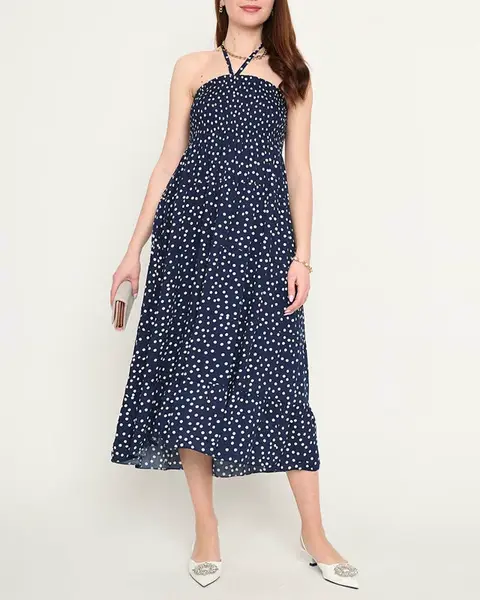 Resti Navy blue ladies midi dress with polka dots - Clothing