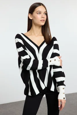Trendyol Black Deep V Neck Striped Knitted Sweater