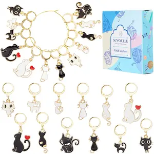 24Pcs 12 Styles Cat Alloy Enamel Pendant Locking Stitch Markers