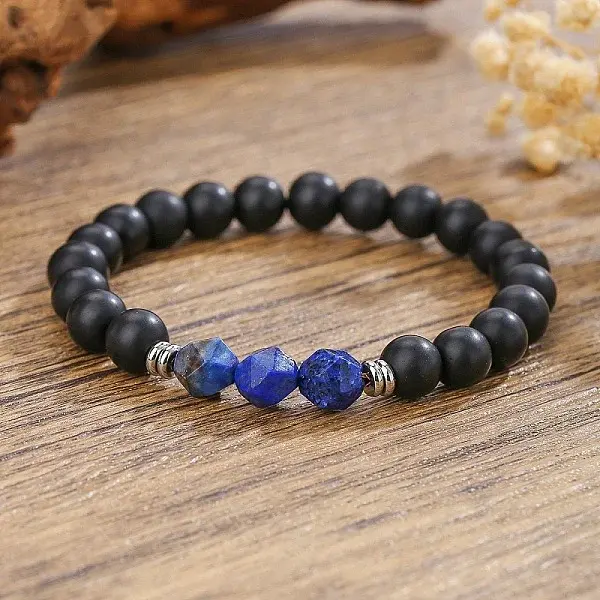 Bohemian Natural Black Onyx & Lapis Lazuli Beaded Stretch Bracelets