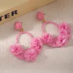 Raffia & Cloth Flower Dangle Earrings