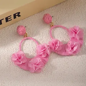 Raffia & Cloth Flower Dangle Earrings