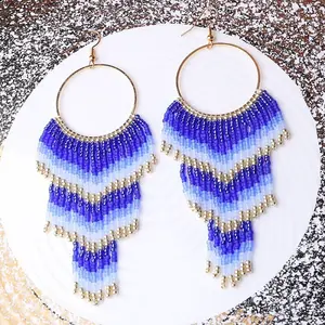 Alloy Glass Seed Beads Ring Tassel Dangle Earrings