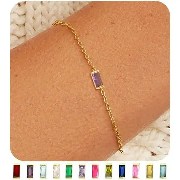 February Birthstone Brass Pave Cubic Zirconia Rectangle Link Bracelets