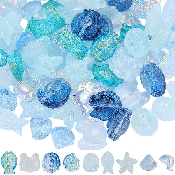90Pcs 9 Styles Transparent Spray Painted Glass Beads