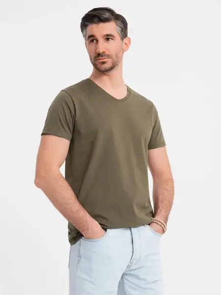 Ombre Men's BASIC classic cotton T-shirt with a serape neckline - dark olive
