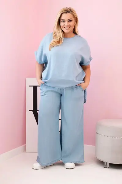 Kesi Włoski Dámská souprava Plus Size z tencelu halenka a kalhoty s vázáním světle džínový