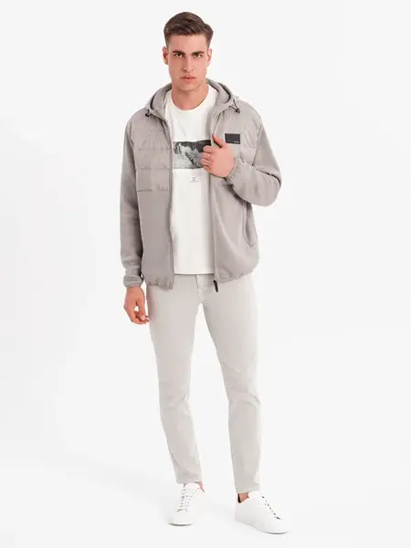 Ombre Men's lightweight jacket of combined materials with hood and decorative quilting - ash