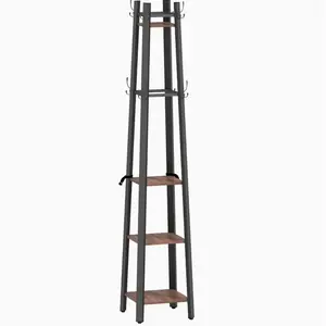 Redom VĚŠÁK na oblečení 34,8/34,8/179 cm s 8 háčky a 4 policemi, dřevo a kov, Hnědá