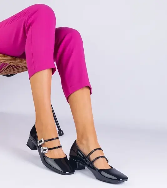 Gemre Viansol black patent pumps with rhinestone buckle