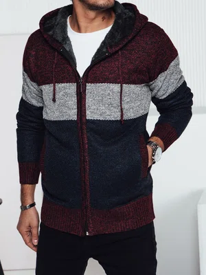 Sweter męski ocieplany z kapturem bordowy Dstreet