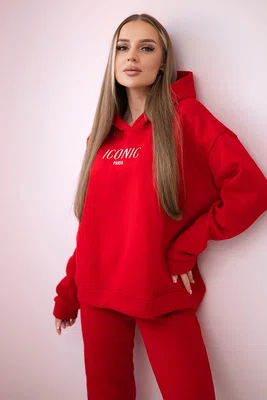 Zateplený bavlněný komplet, mikina s výšivkou + kalhoty červené