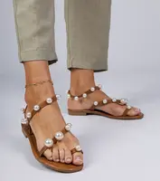 marka niezdefiniowana Brown women's sandals decorated with pearls Sarino