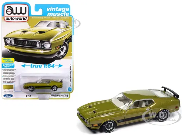 1973 Ford Mustang Mach 1 Bright Green Gold Metallic with Black Stripes "Vintage Muscle" Series 1/64 Diecast Model Car by Auto World