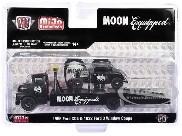 1956 Ford COE Ramp Truck Matt Black and 1932 Ford 3 Window Coupe Matt Black "Mooneyes" Limited Edition to 3300 pieces Worldwide 1/64 Diecast Model by