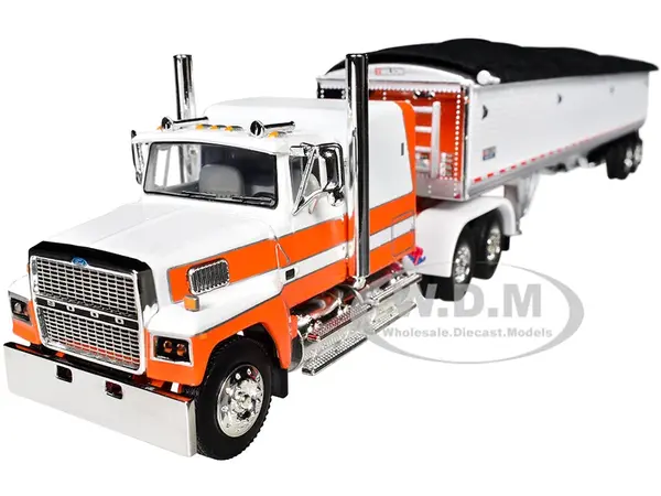 Ford LTL 9000 60" Aerodyne Sleeper with Wilson Pacesetter Grain Trailer Orange and White 1/64 Diecast Model by DCP/First Gear