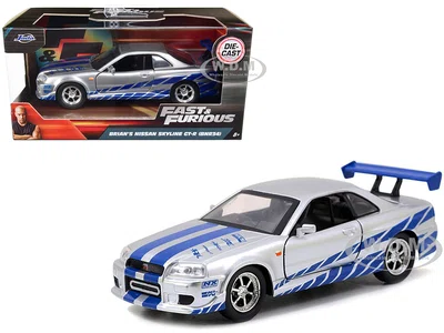 Brians Nissan Skyline GT-R (R34) Silver with Blue Stripes "Fast & Furious" Movie 1/32 Diecast Model Car by Jada