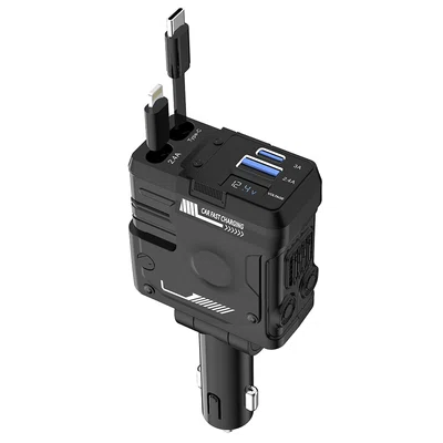 A1 66W 4 in 1 Car Phone Charger with Retractable Cable 180Â° Free Adjustment USB/Type-C Dual Interface & PD Fast Charge - Black