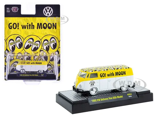 1960 Volkswagen Delivery Van USA Model "MoonEyes" White and Yellow with Top Graphics and White Interior Limited Edition to 5236 pieces Worldwide 1/64