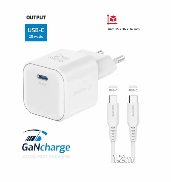 Swissten síťový adaptér /GaN/USB-C/20W/Power Delivery/ + datový kabel USB-C/USB-C bílá
