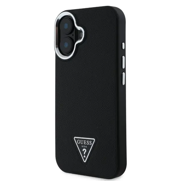 Zadní kryt Guess PU Grained Triangle Logo MagSafe pro Apple iPhone 16, černá