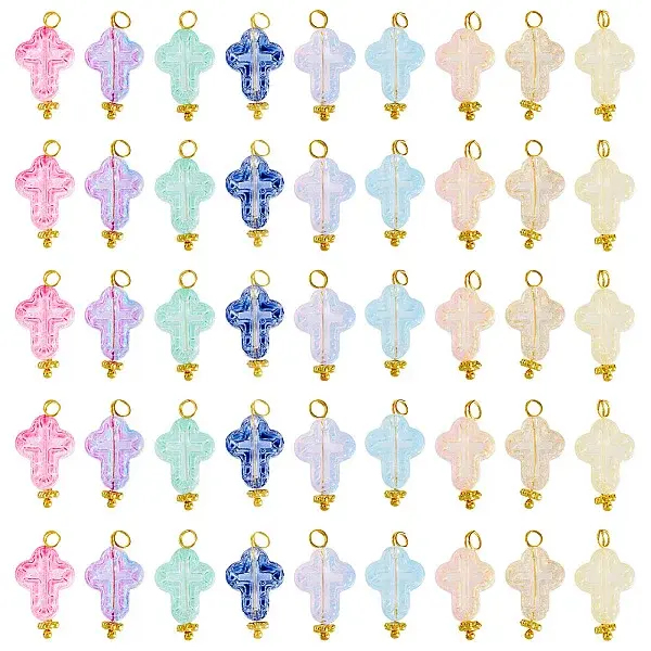 90Pcs 9 Colors Cross Transparent Spray Paint Glass Pendants